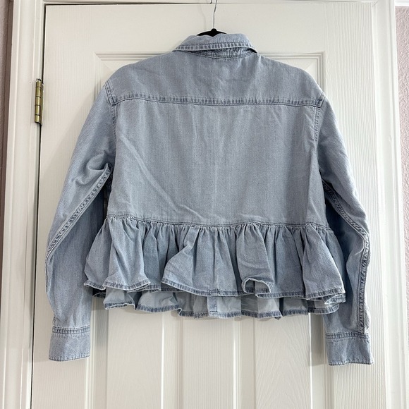 Topshop Blue Ruffle Peplum Hem Denim Shirt Snap Button Long Sleeve Women's 8 - Picture 7 of 8